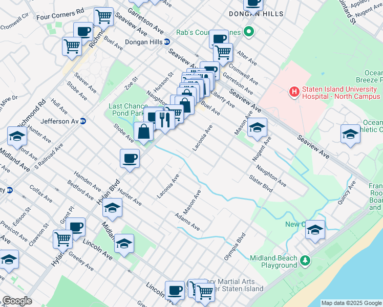 map of restaurants, bars, coffee shops, grocery stores, and more near 52 Slater Boulevard in Staten Island