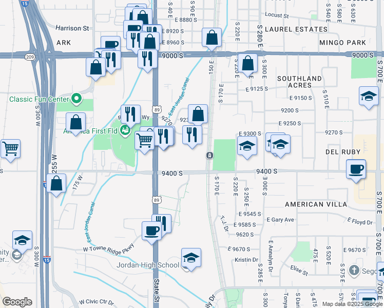 map of restaurants, bars, coffee shops, grocery stores, and more near 9350 150 East in Sandy