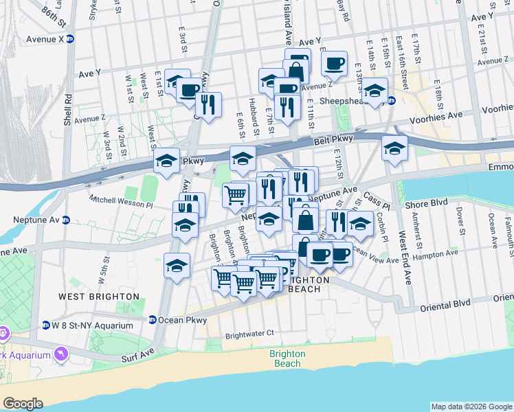 map of restaurants, bars, coffee shops, grocery stores, and more near 2829 Brighton 7th Street in Brooklyn