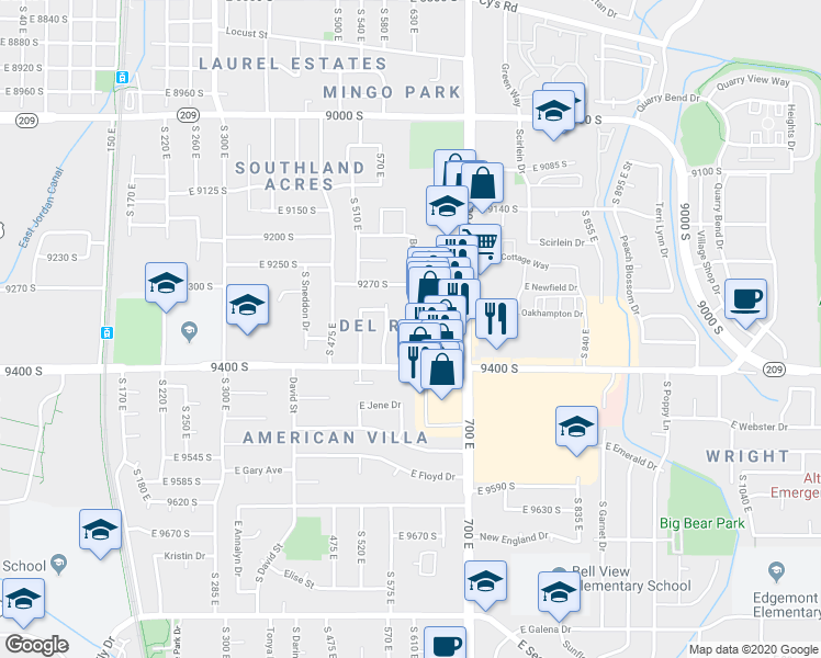 map of restaurants, bars, coffee shops, grocery stores, and more near 9336 South Brighton View Drive in Sandy