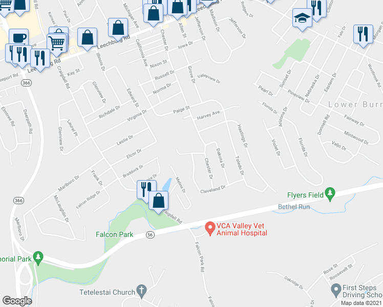map of restaurants, bars, coffee shops, grocery stores, and more near 500 Cleveland Drive in Lower Burrell