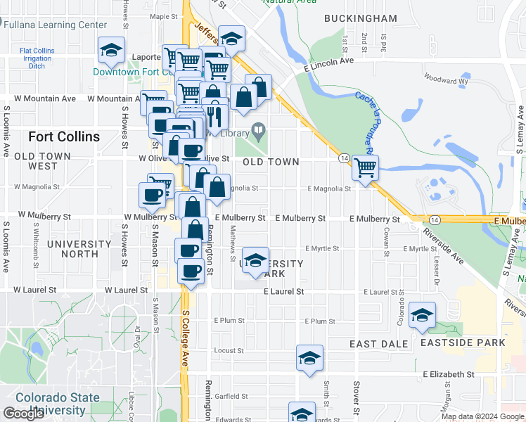 map of restaurants, bars, coffee shops, grocery stores, and more near 401 Peterson Street in Fort Collins