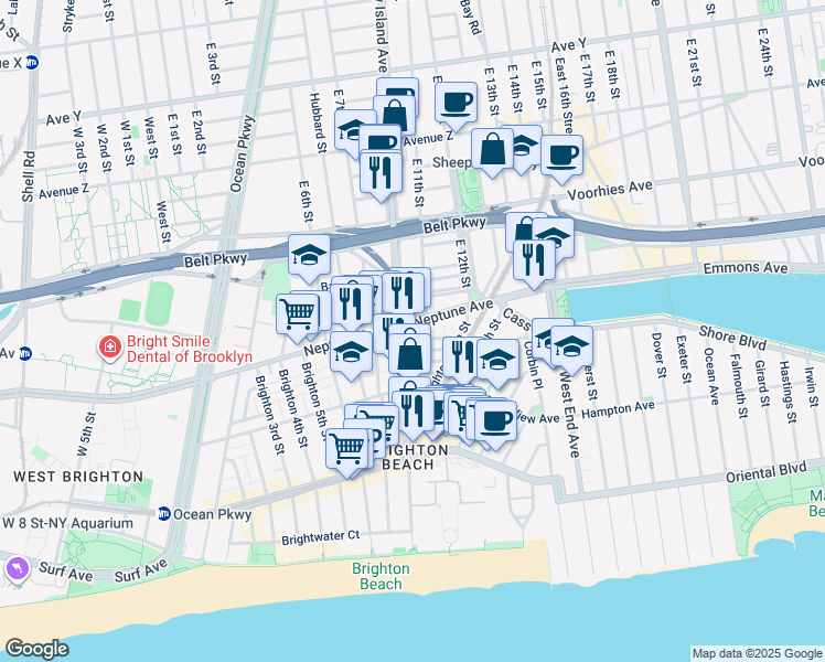 map of restaurants, bars, coffee shops, grocery stores, and more near 2804 East 11th Street in Brooklyn