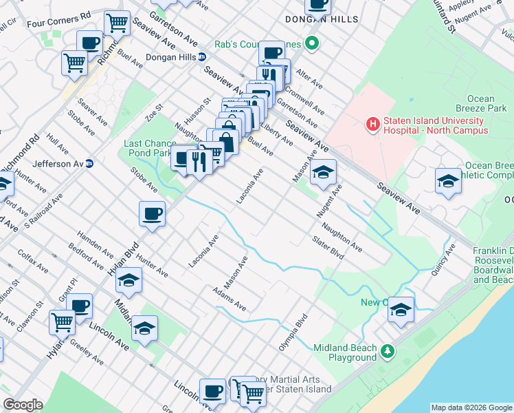 map of restaurants, bars, coffee shops, grocery stores, and more near 87 Slater Boulevard in Staten Island