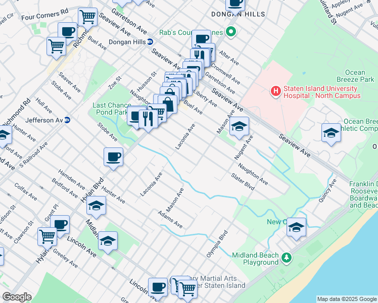 map of restaurants, bars, coffee shops, grocery stores, and more near 87 Slater Boulevard in Staten Island