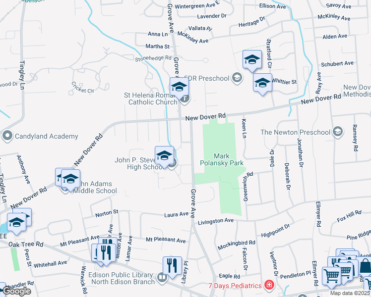 map of restaurants, bars, coffee shops, grocery stores, and more near 879 Grove Avenue in Edison
