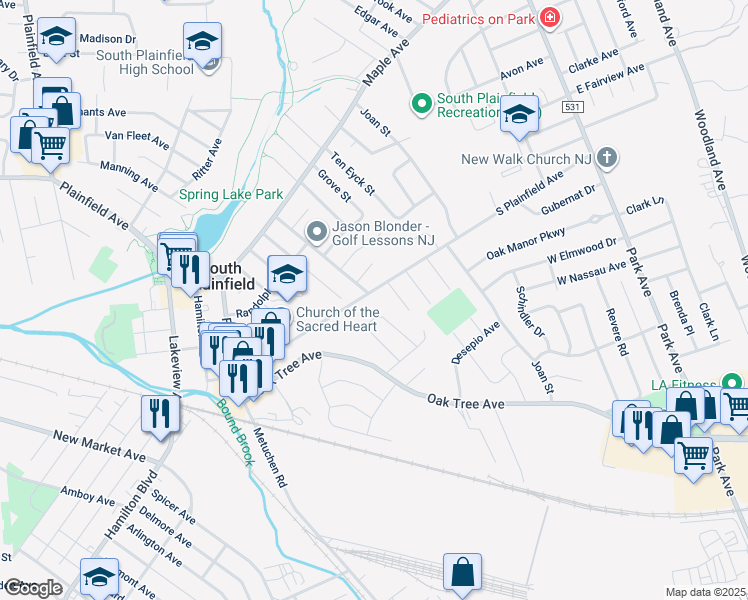 map of restaurants, bars, coffee shops, grocery stores, and more near 265 South Plainfield Avenue in South Plainfield