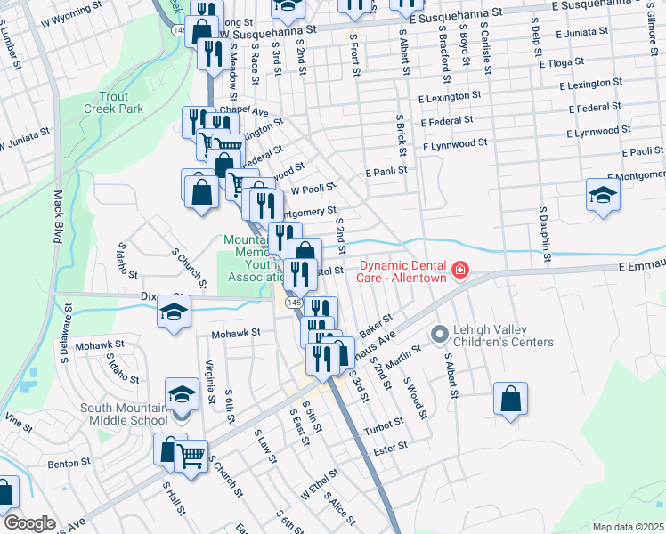 map of restaurants, bars, coffee shops, grocery stores, and more near 219 Brookdale Street in Allentown