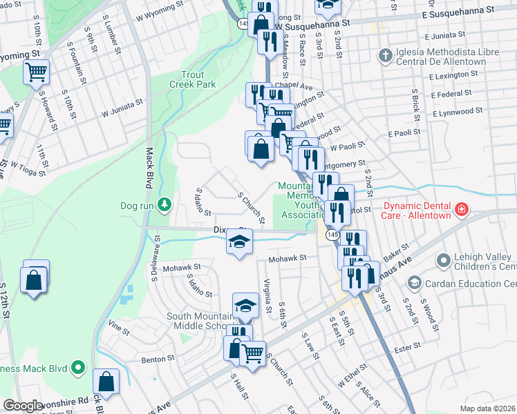 map of restaurants, bars, coffee shops, grocery stores, and more near 630 West Brookdale Street in Allentown