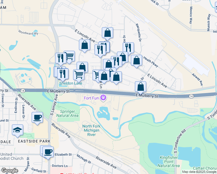 map of restaurants, bars, coffee shops, grocery stores, and more near 432 South Link Lane in Fort Collins