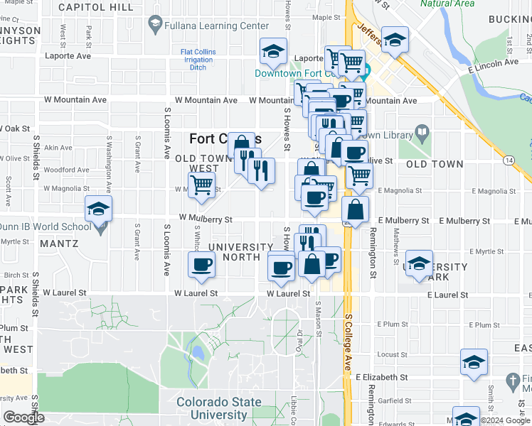map of restaurants, bars, coffee shops, grocery stores, and more near 328 West Mulberry Street in Fort Collins