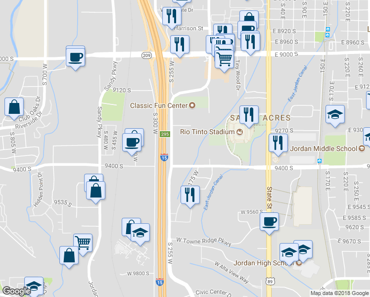 map of restaurants, bars, coffee shops, grocery stores, and more near 9349 South Monroe Street in Sandy