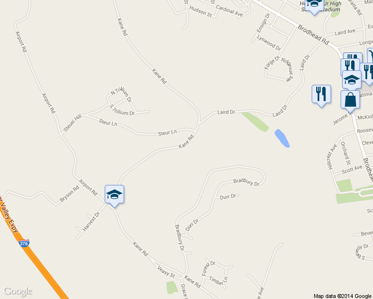 map of restaurants, bars, coffee shops, grocery stores, and more near 2630 Kane Road in Aliquippa