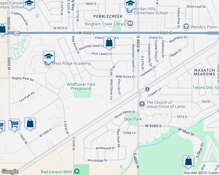 map of restaurants, bars, coffee shops, grocery stores, and more near 9332 South Wild Clover Lane in West Jordan
