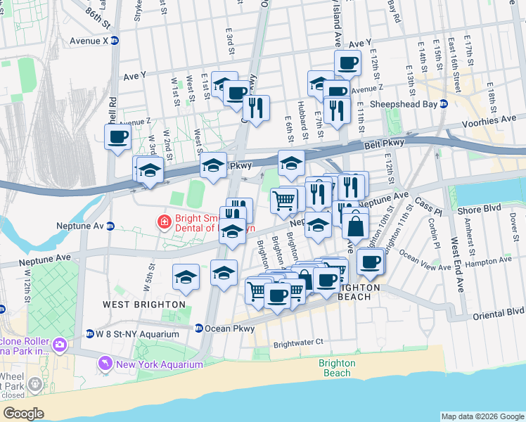 map of restaurants, bars, coffee shops, grocery stores, and more near 2815 Brighton 3rd Street in Brooklyn