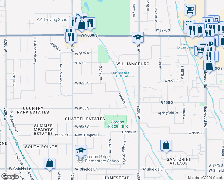 map of restaurants, bars, coffee shops, grocery stores, and more near 2428 West 9340 South in West Jordan