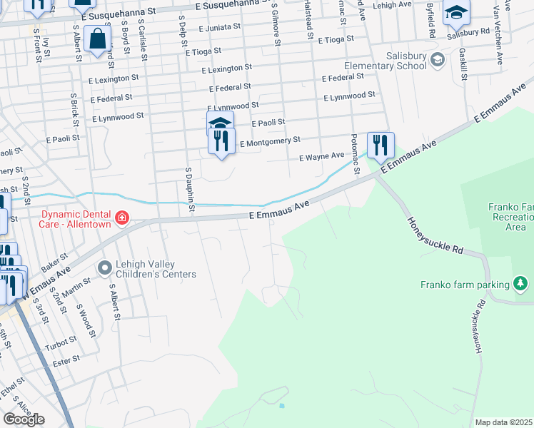 map of restaurants, bars, coffee shops, grocery stores, and more near 709 East Emmaus Avenue in Allentown