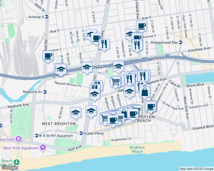 map of restaurants, bars, coffee shops, grocery stores, and more near 12 Brighton 3rd Road in Brooklyn