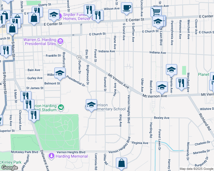 map of restaurants, bars, coffee shops, grocery stores, and more near 429 Summit Street in Marion