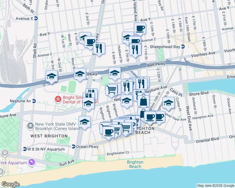 map of restaurants, bars, coffee shops, grocery stores, and more near 2880 Brighton 6th Street in Brooklyn