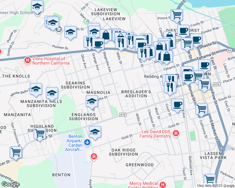 map of restaurants, bars, coffee shops, grocery stores, and more near 1617 Magnolia Street in Redding