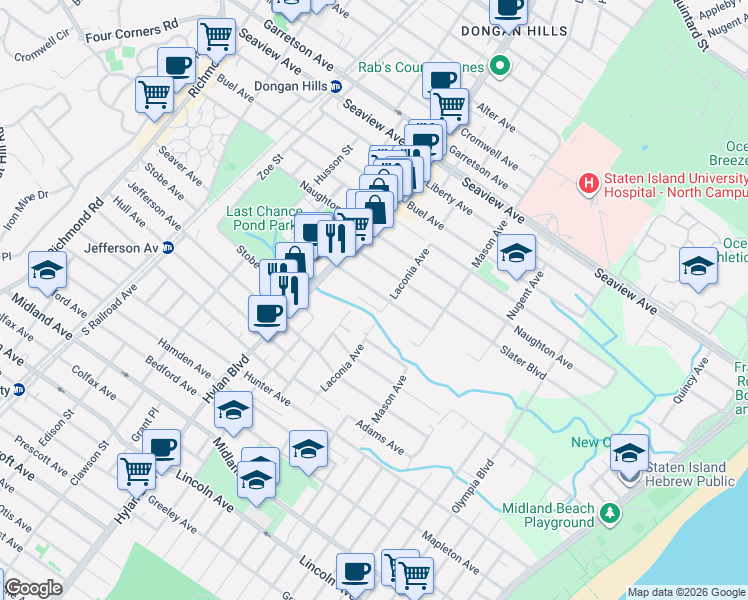 map of restaurants, bars, coffee shops, grocery stores, and more near 52 Slater Boulevard in Staten Island