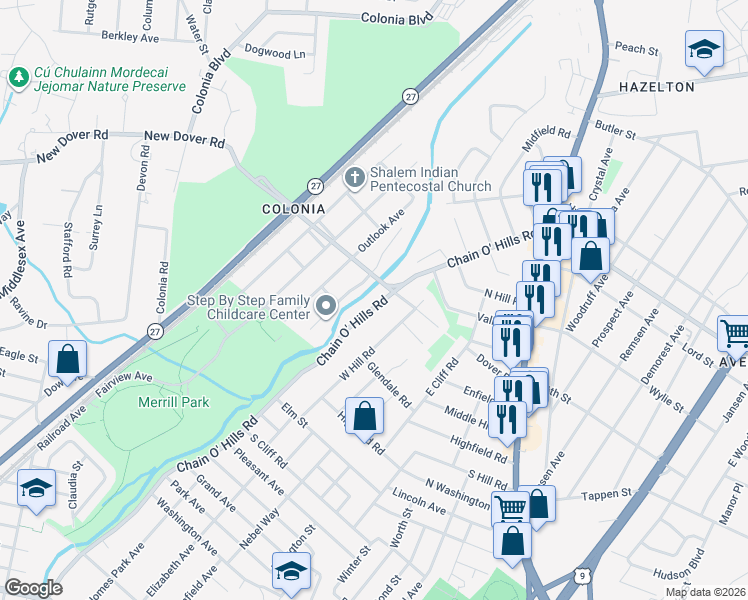 map of restaurants, bars, coffee shops, grocery stores, and more near 420 Chain O' Hills Road in Woodbridge Township
