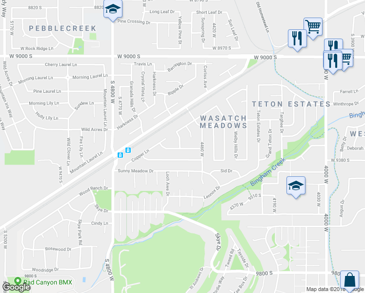 map of restaurants, bars, coffee shops, grocery stores, and more near 4544 Elk Run Lane in West Jordan