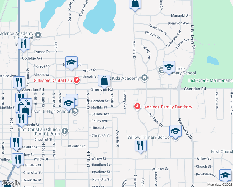 map of restaurants, bars, coffee shops, grocery stores, and more near 1603 Sheridan Road in Pekin
