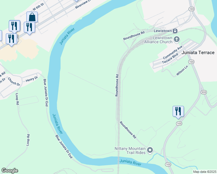 map of restaurants, bars, coffee shops, grocery stores, and more near 45 Brought Farm Drive in Lewistown
