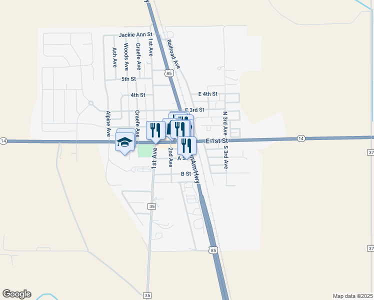 map of restaurants, bars, coffee shops, grocery stores, and more near in Ault