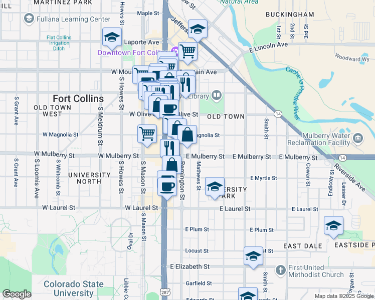 map of restaurants, bars, coffee shops, grocery stores, and more near 412 Remington Street in Fort Collins