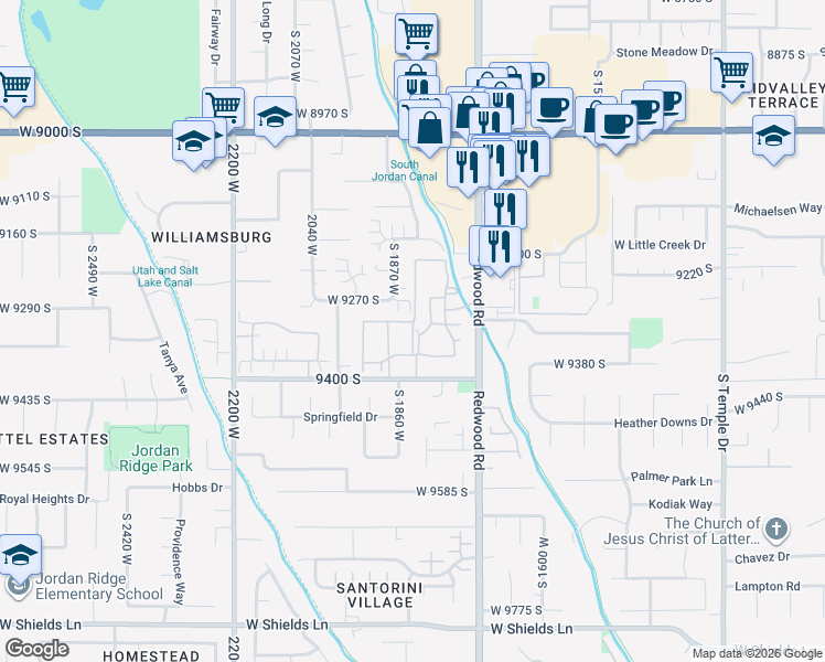 map of restaurants, bars, coffee shops, grocery stores, and more near 1867 West 9270 South in West Jordan
