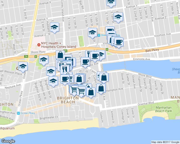 map of restaurants, bars, coffee shops, grocery stores, and more near 64 Neptune Avenue in Brooklyn