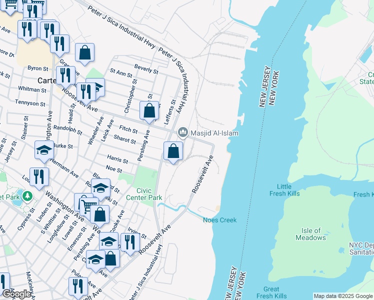 map of restaurants, bars, coffee shops, grocery stores, and more near 511 Roosevelt Avenue in Carteret