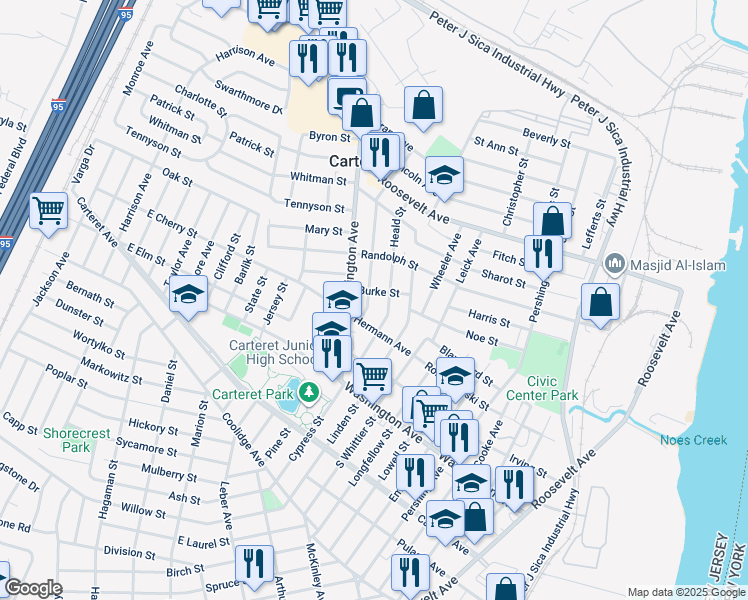 map of restaurants, bars, coffee shops, grocery stores, and more near 87 Edgar Street in Carteret