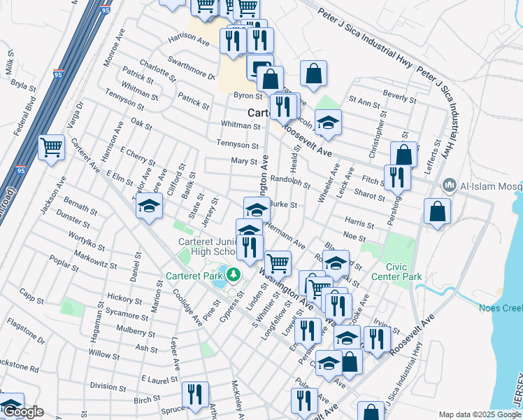 map of restaurants, bars, coffee shops, grocery stores, and more near 87 Edgar Street in Carteret