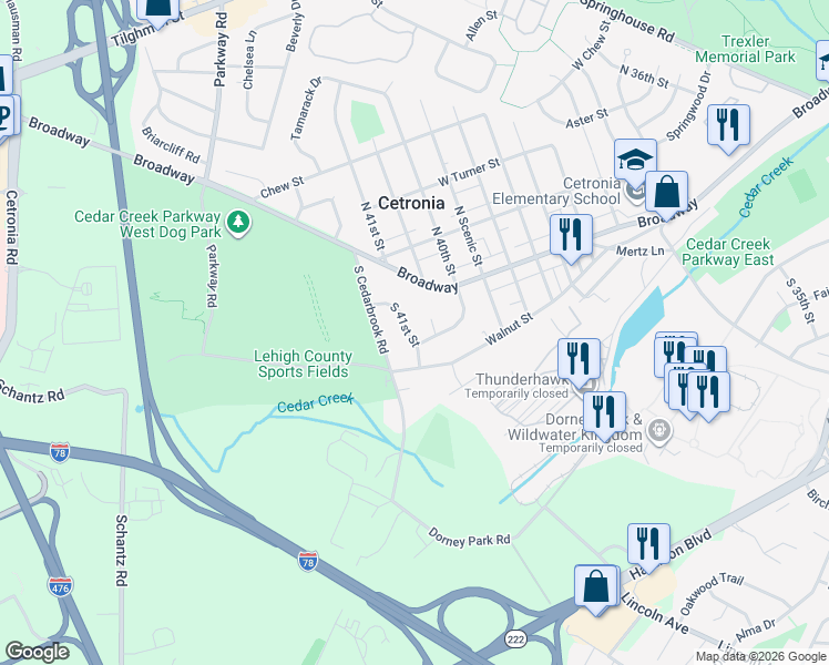 map of restaurants, bars, coffee shops, grocery stores, and more near 4035 Cardinal Court in Allentown