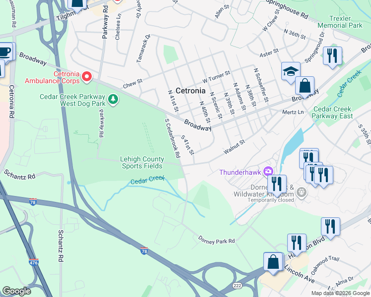 map of restaurants, bars, coffee shops, grocery stores, and more near 2 South 41st Street in Allentown