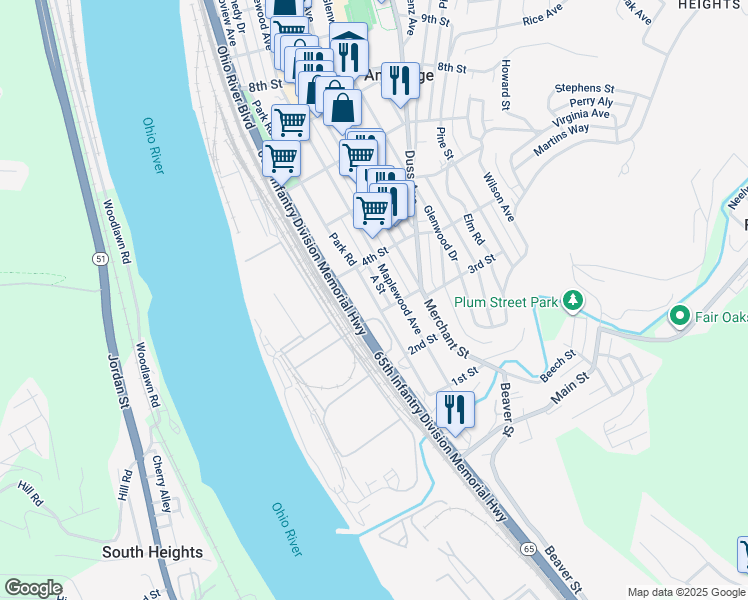 map of restaurants, bars, coffee shops, grocery stores, and more near 328 Park Road in Ambridge