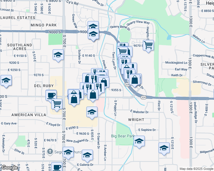 map of restaurants, bars, coffee shops, grocery stores, and more near 9301 Peach Blossom Drive in Sandy