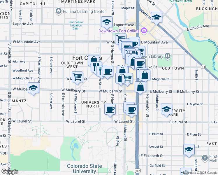 map of restaurants, bars, coffee shops, grocery stores, and more near 421 South Howes Street in Fort Collins
