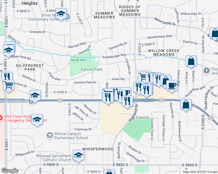 map of restaurants, bars, coffee shops, grocery stores, and more near 9298 Maison Drive in Sandy