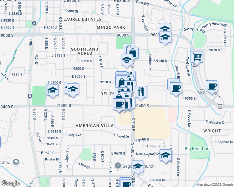map of restaurants, bars, coffee shops, grocery stores, and more near 9324 S Brighton View Dr in Sandy
