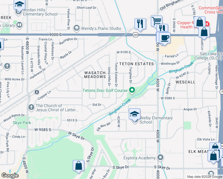map of restaurants, bars, coffee shops, grocery stores, and more near 9327 Uinta Hills Drive in West Jordan