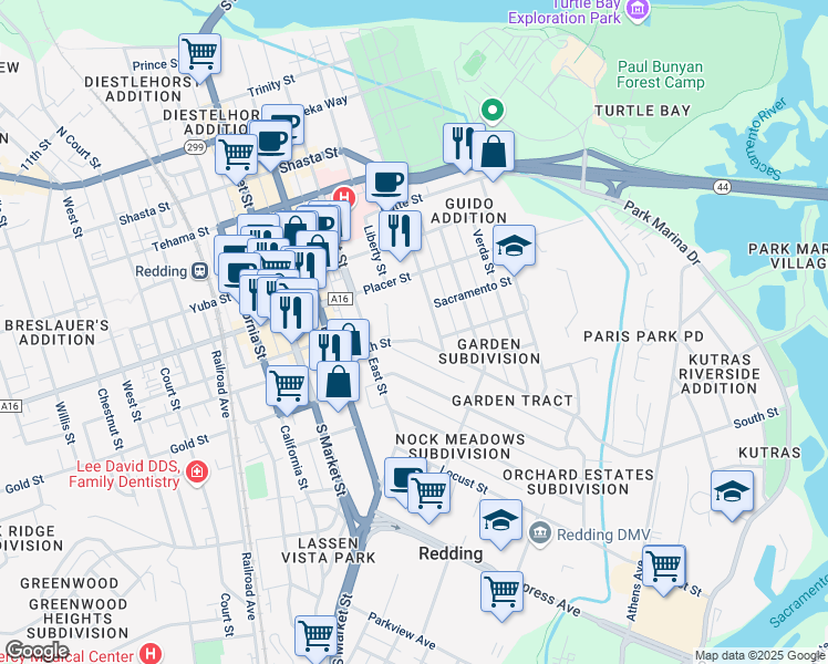 map of restaurants, bars, coffee shops, grocery stores, and more near 1756 Continental Street in Redding