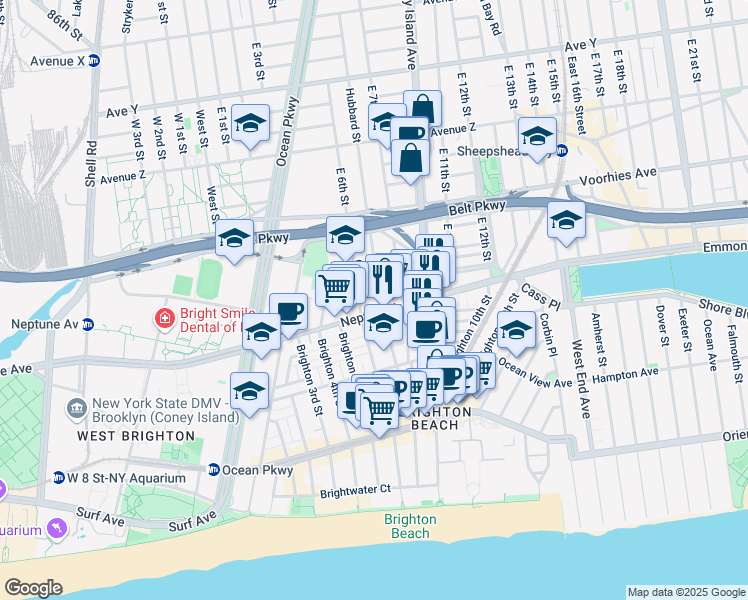 map of restaurants, bars, coffee shops, grocery stores, and more near 2829 Brighton 7th Street in Brooklyn