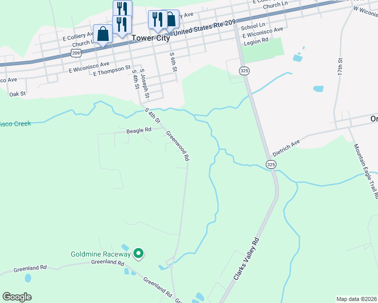 map of restaurants, bars, coffee shops, grocery stores, and more near 415 Greenwood Road in Tower City