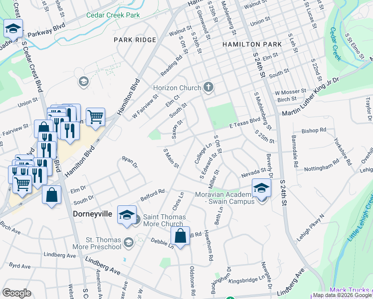 map of restaurants, bars, coffee shops, grocery stores, and more near 740 Flexer Avenue in Allentown