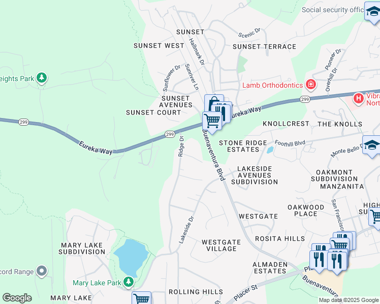 map of restaurants, bars, coffee shops, grocery stores, and more near 1350 Buenaventura Boulevard in Redding